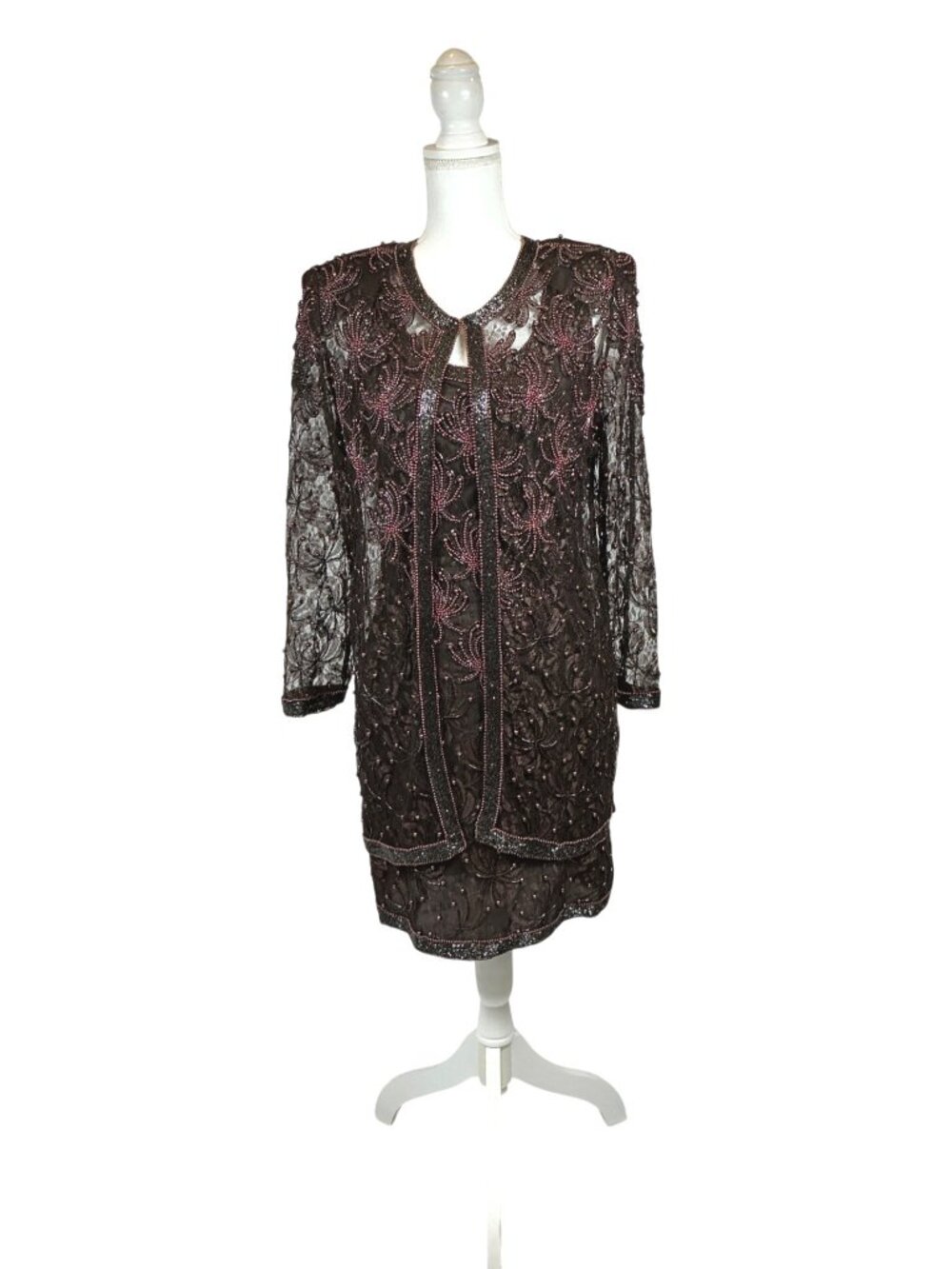 Women’s Brown Beaded 2-Piece Evening Dress & Lace Jacket | Size S